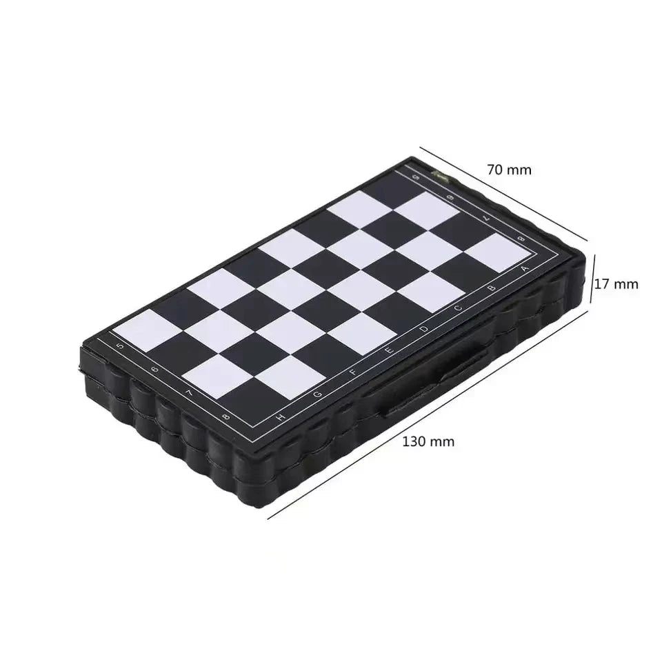 A black portable folding magnetic chess set with a checkered board and dimensions marked.