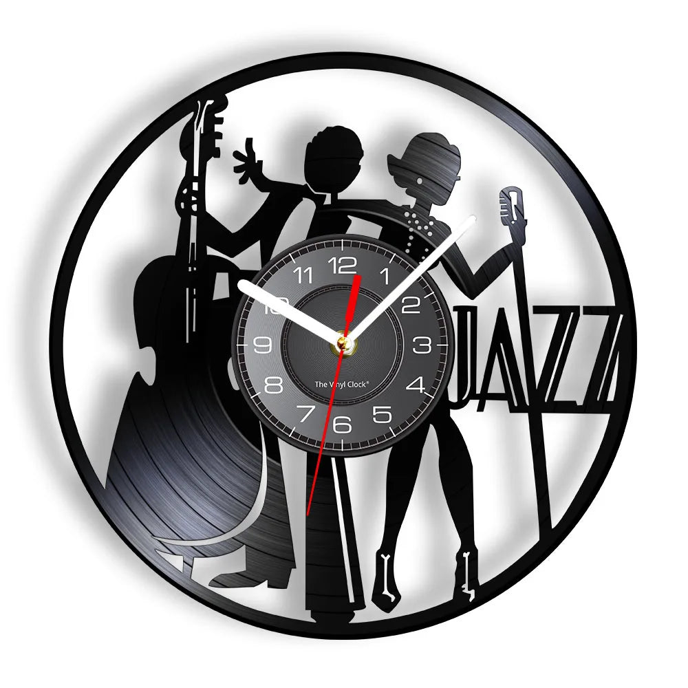 A wall clock face featuring silhouettes of musicians playing instruments like a saxophone and drum set.