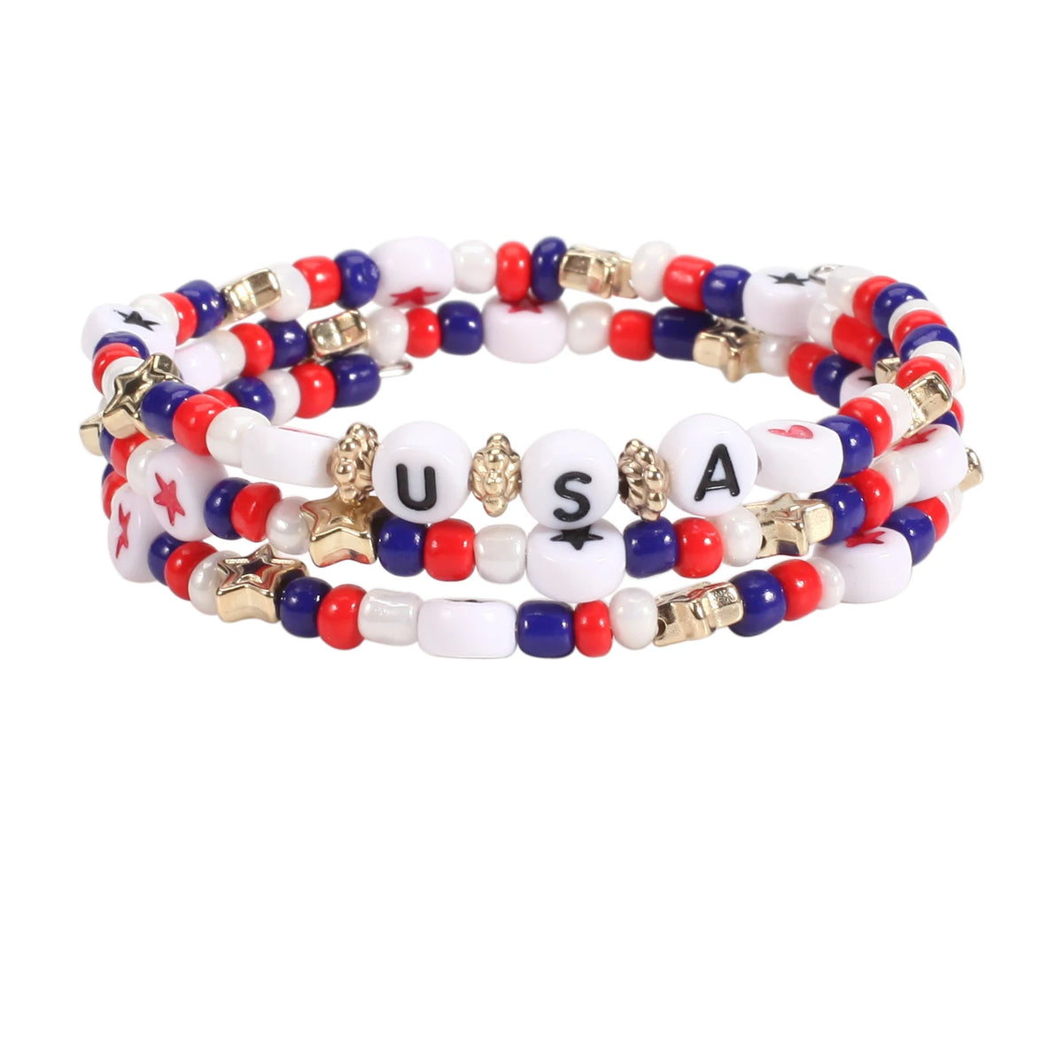 Beaded stretch bracelets featuring the USA flag design in red, white, and blue colors.