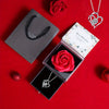 A gift set featuring a preserved red rose and a silver heart-shaped necklace displayed on a red background.
