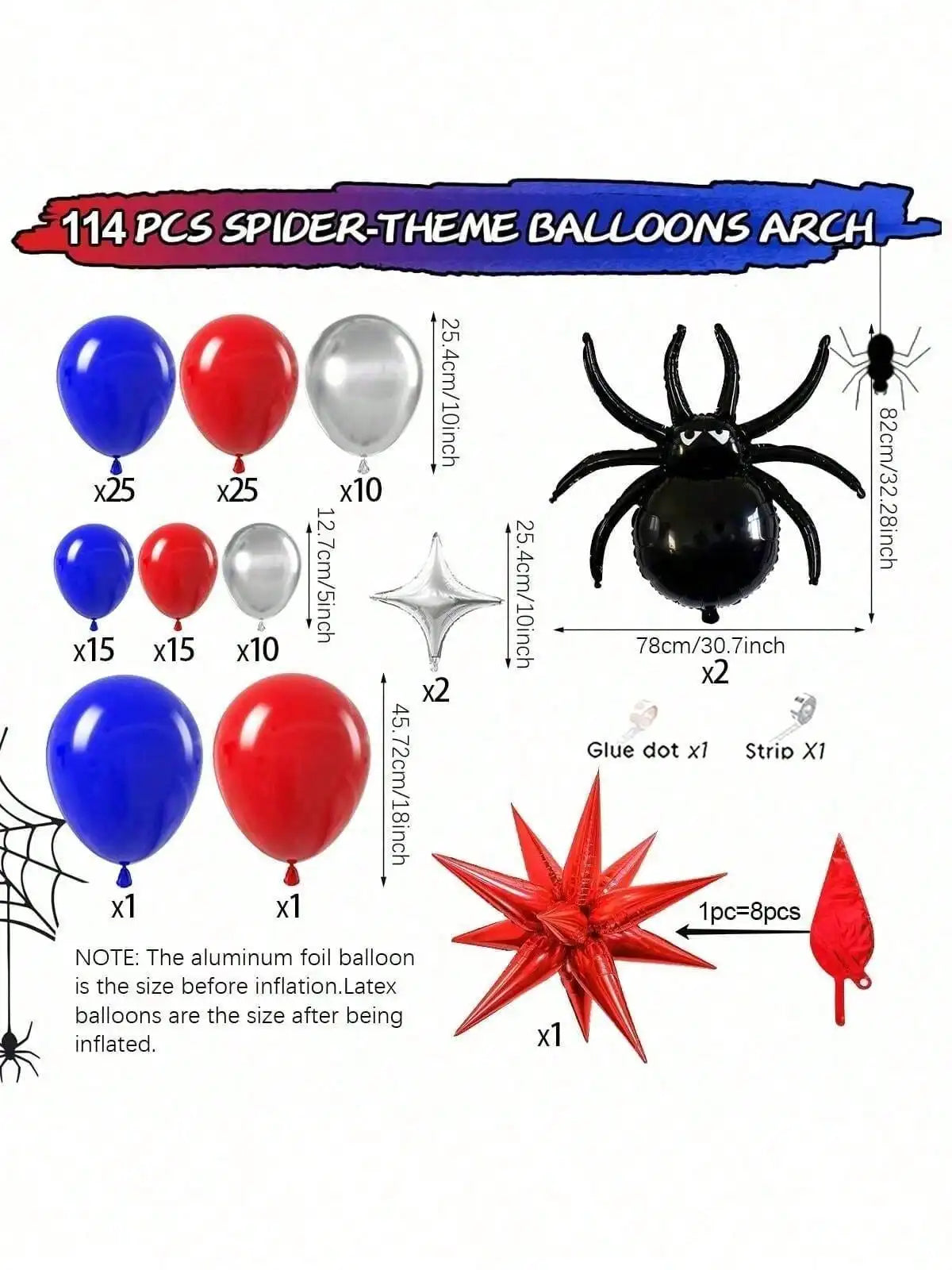 Un kit de 114 ballons à thème araignée formant une arche, avec divers ballons de couleurs et formes.