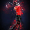 A dynamic, grunge-style portrait of Tiger Woods in a red shirt and black pants, depicted as a golfer with a club, against a d