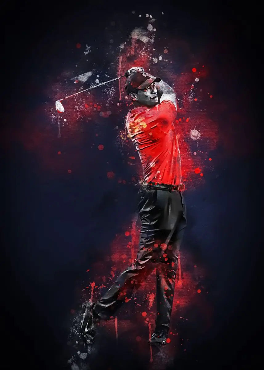 A dynamic, grunge-style portrait of Tiger Woods in a red shirt and black pants, depicted as a golfer with a club, against a d