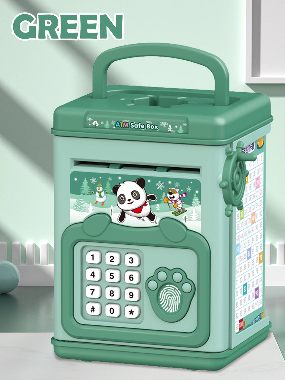 A green electronic ATM safe box piggy bank with a paw print design for kids