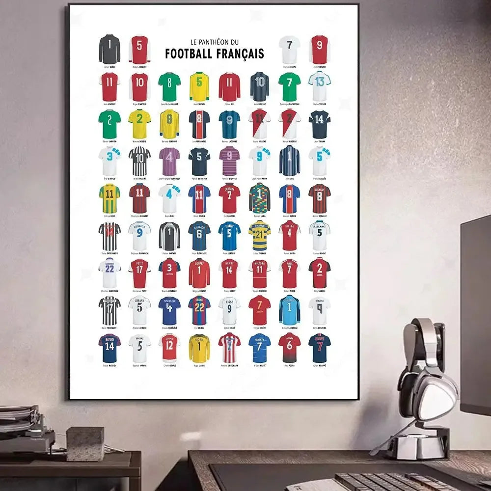 A grid of football jersey numbers and colors in various team styles displayed as canvas wall art.