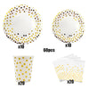 A set of 60 polka dot disposable plates and 20 cups in white and gold.