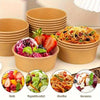 A set of disposable kraft paper lunch bowls and lids, with various food items like fruit, salad, noodles, and ice cream shown