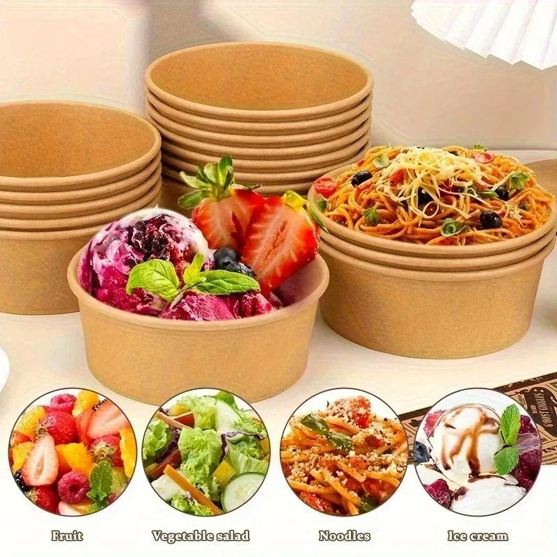 A set of disposable kraft paper lunch bowls and lids, with various food items like fruit, salad, noodles, and ice cream shown