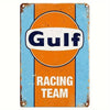 Vintage metal tin sign with an orange and blue background featuring the word Gulf Racing Team