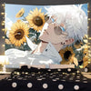 Anime tapestry wall hanging featuring Gojo Satoru with white hair and sunglasses against a floral background.
