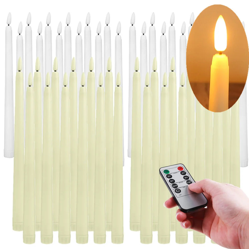 A set of white and cream flamless taper candles with a remote control and timer are displayed in a vertical arrangement.