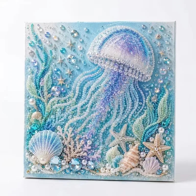 Diamond painting featuring a purple octopus under the sea with sparkling blue and white elements.