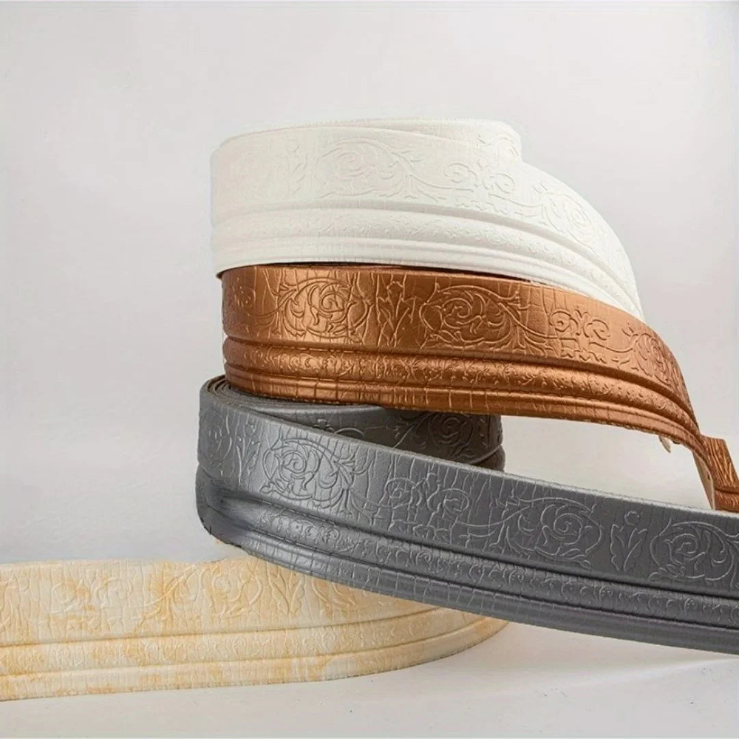 Three stacked self-adhesive 3D wall trim lines in white, copper, and gray for modern home decor