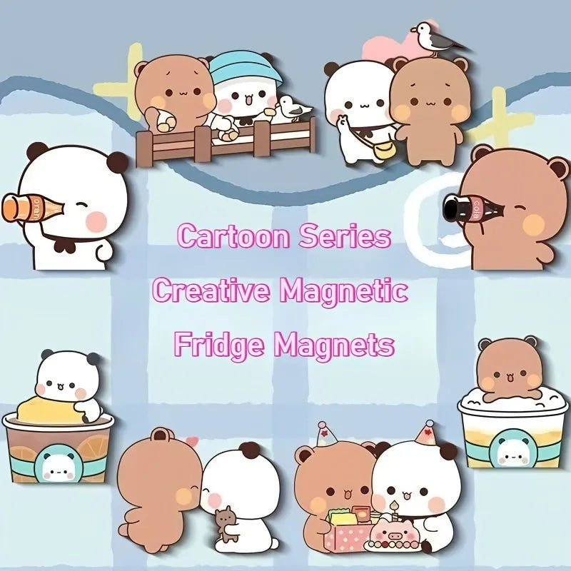 A collection of cute cartoon panda fridge magnets featuring various expressions and themes.