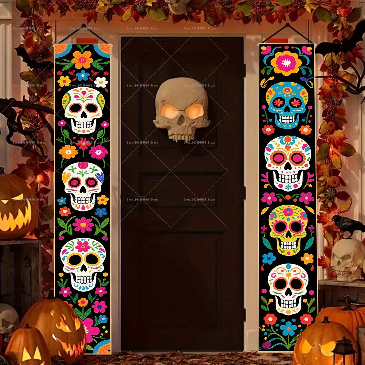 A vertical banner set featuring colorful sugar skull designs and floral patterns for Dia de Los Muertos decor.