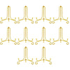 A set of eight gold-colored metal display easels designed for holding photos, plates, and collectibles.