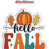 A sticker design featuring the words Hello Fall with an orange pumpkin and yellow leaf illustration.