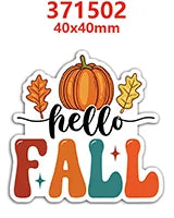 A sticker design featuring the words Hello Fall with an orange pumpkin and yellow leaf illustration.