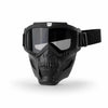 Black offroad full face skull riding goggles with a strap and a dark tinted visor