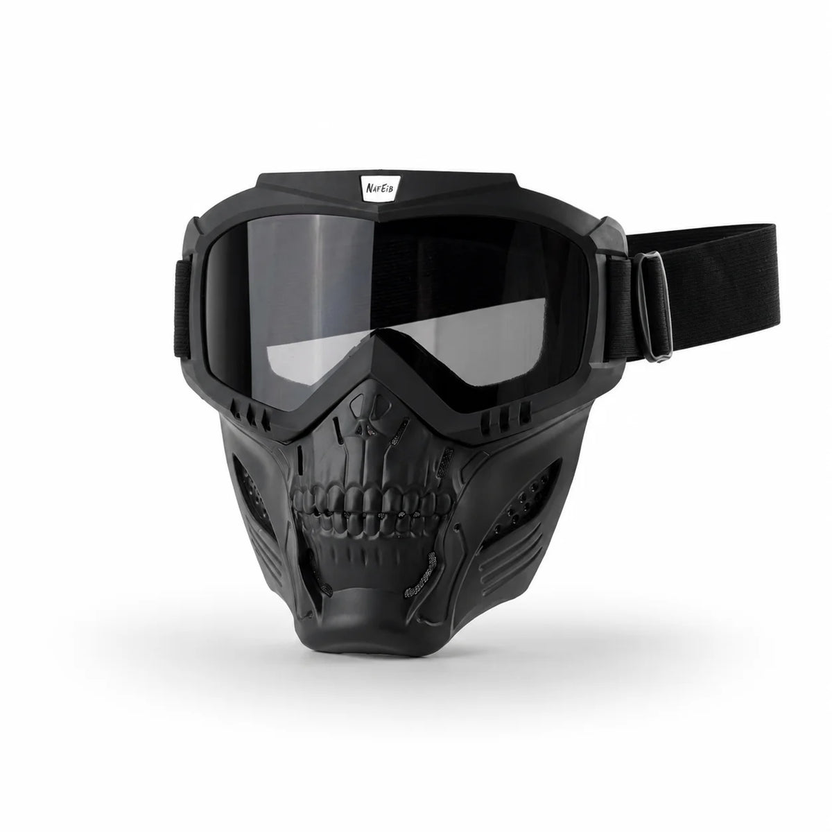 Black offroad full face skull riding goggles with a strap and a dark tinted visor