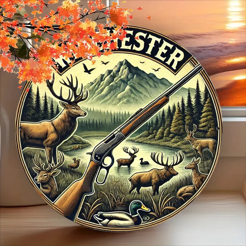 Vintage hunting scene metal wall sign featuring deer and a rifle against a mountain backdrop with autumn leaves.
