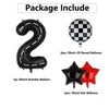 Package includes a black 2-inch number balloon, a black checkered ball balloon, and two red star balloons.