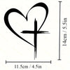 Black vinyl decal of a heart shape with a cross inside, measuring 14cm high and 11.5cm wide.
