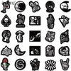 A collection of black and white cartoon skull stickers for decoration.