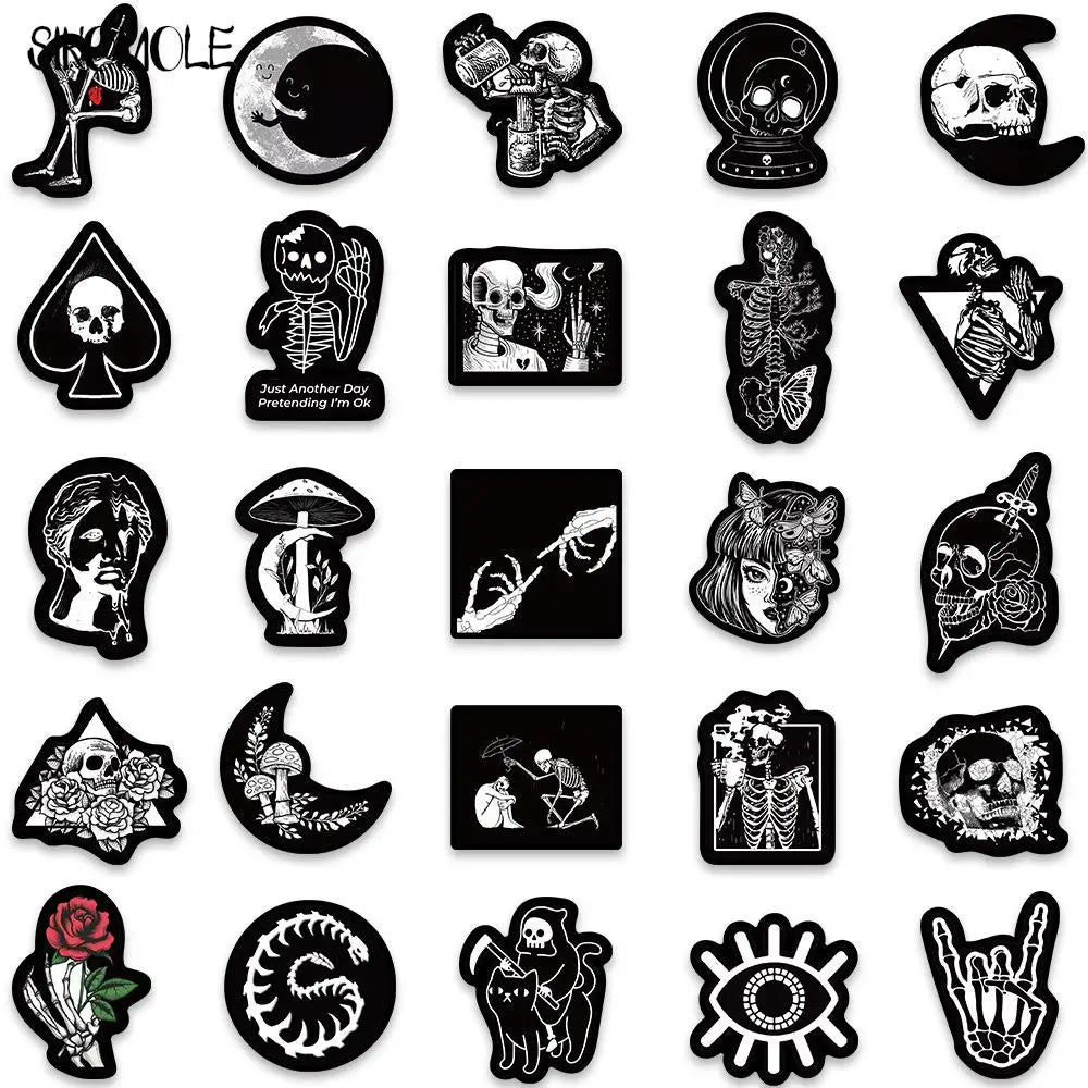 A collection of black and white cartoon skull stickers for decoration.
