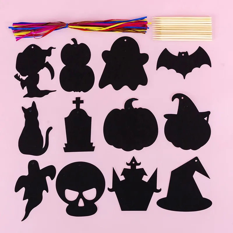 A set of black Halloween silhouette cards and rainbow scratch art cards for kids
