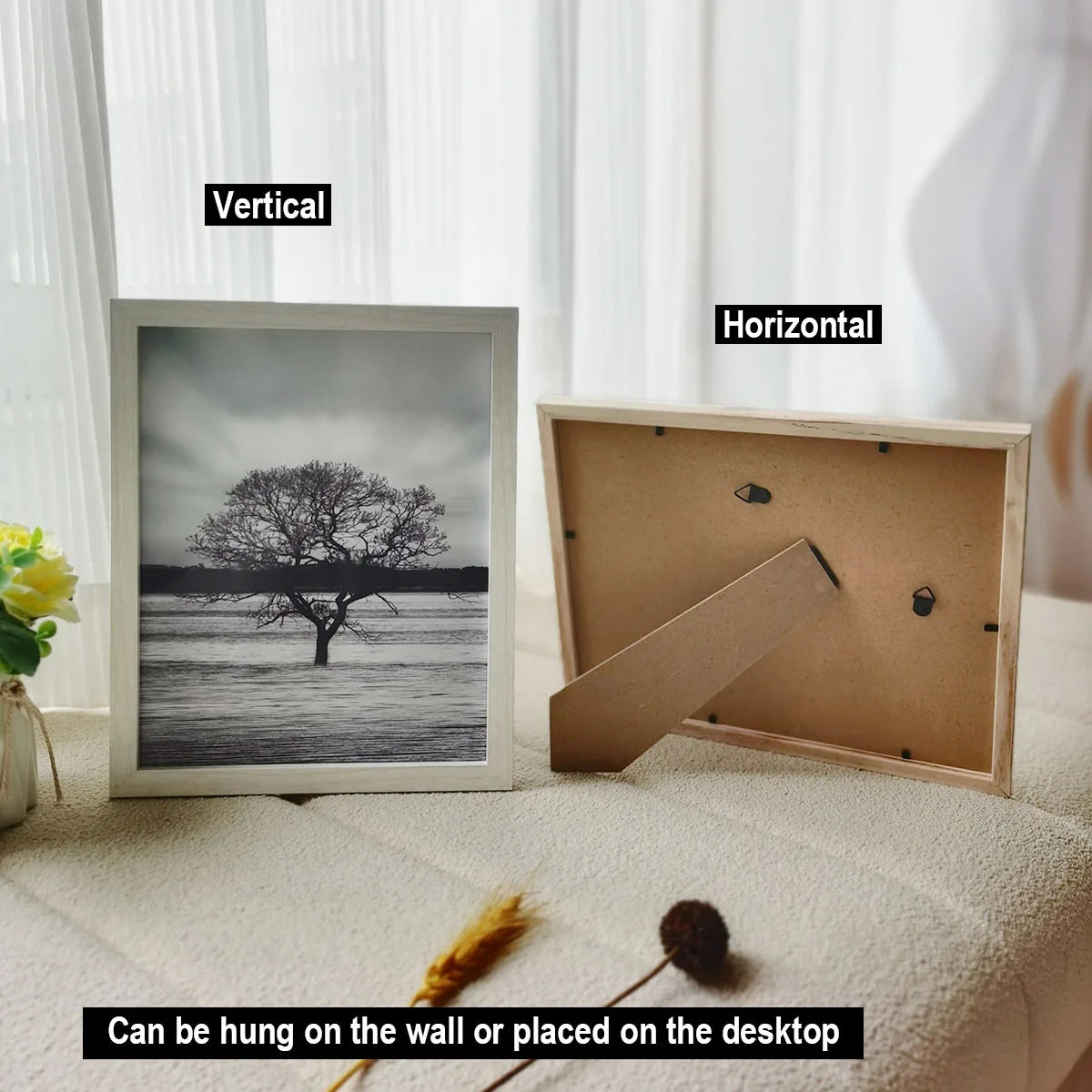 Two wooden photo frames, one vertical and one horizontal, are displayed on a light-colored surface.