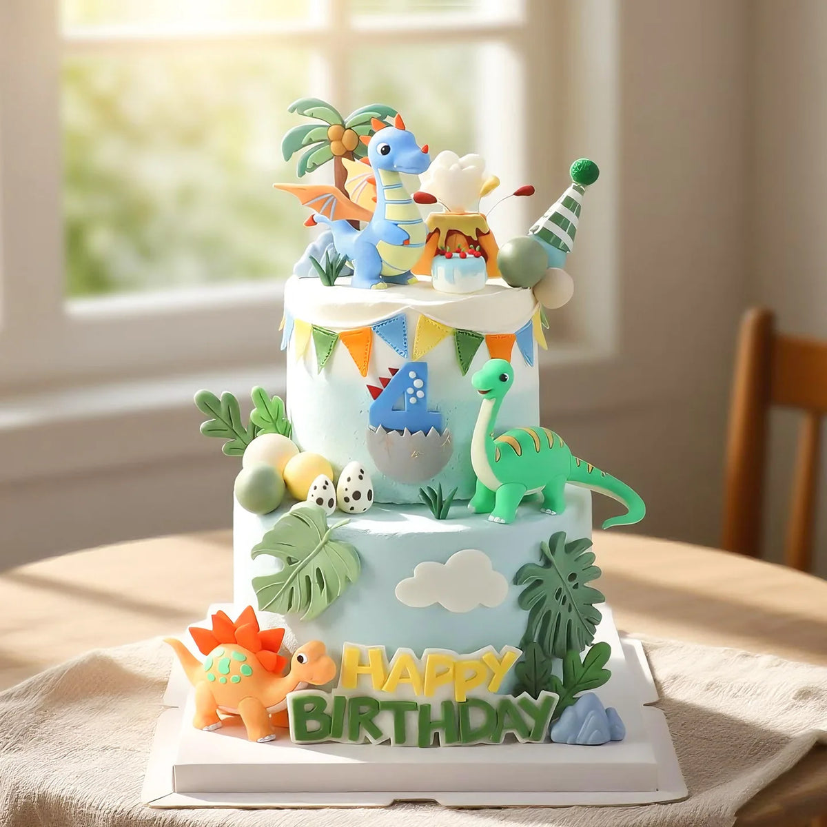 Pastel de cumpleaños de varios pisos decorado con figuras de dinosaurios y hojas tropicales sobre fondo blanco.