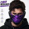 A close-up of a male model wearing a purple cyber mask with black detailing and a black hoodie.