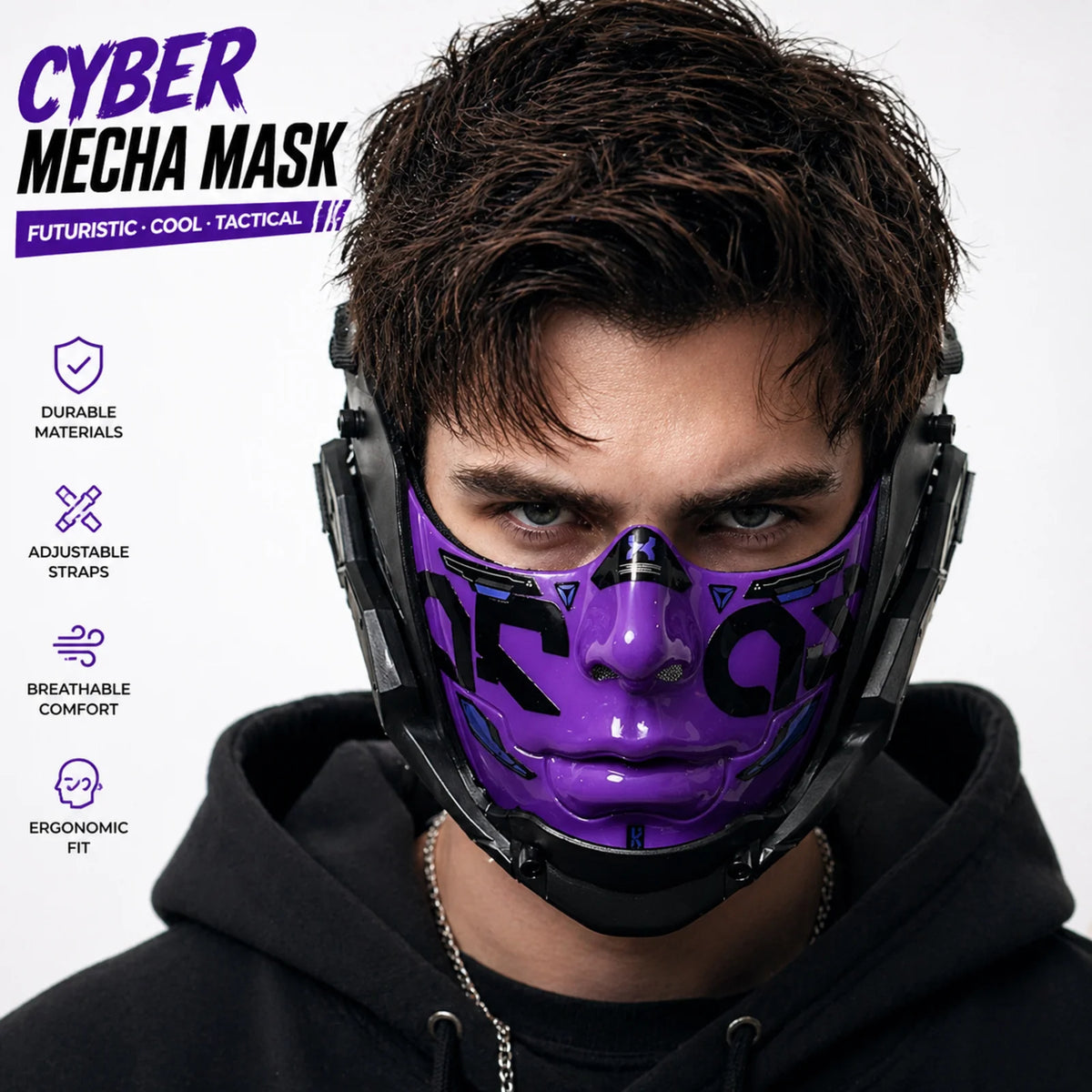 A close-up of a male model wearing a purple cyber mask with black detailing and a black hoodie.