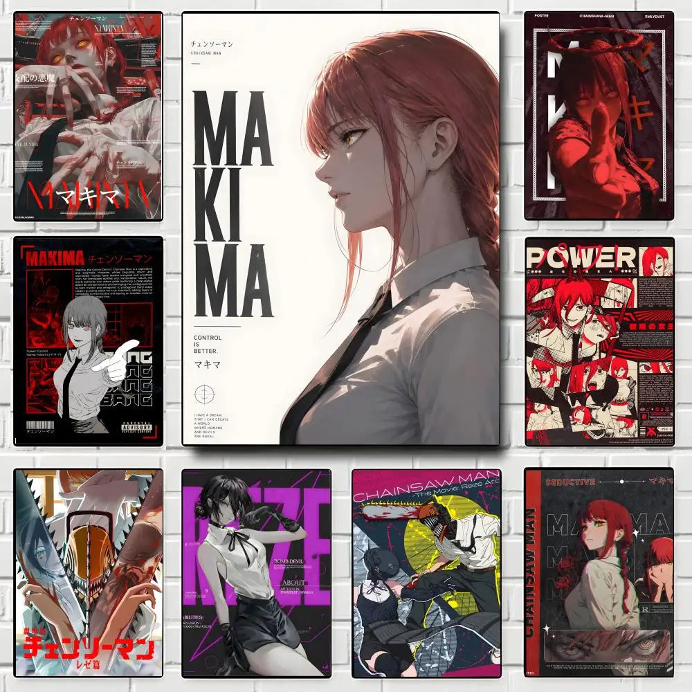 A collection of anime posters featuring Makima from Chainsaw Man, displayed as wall art.