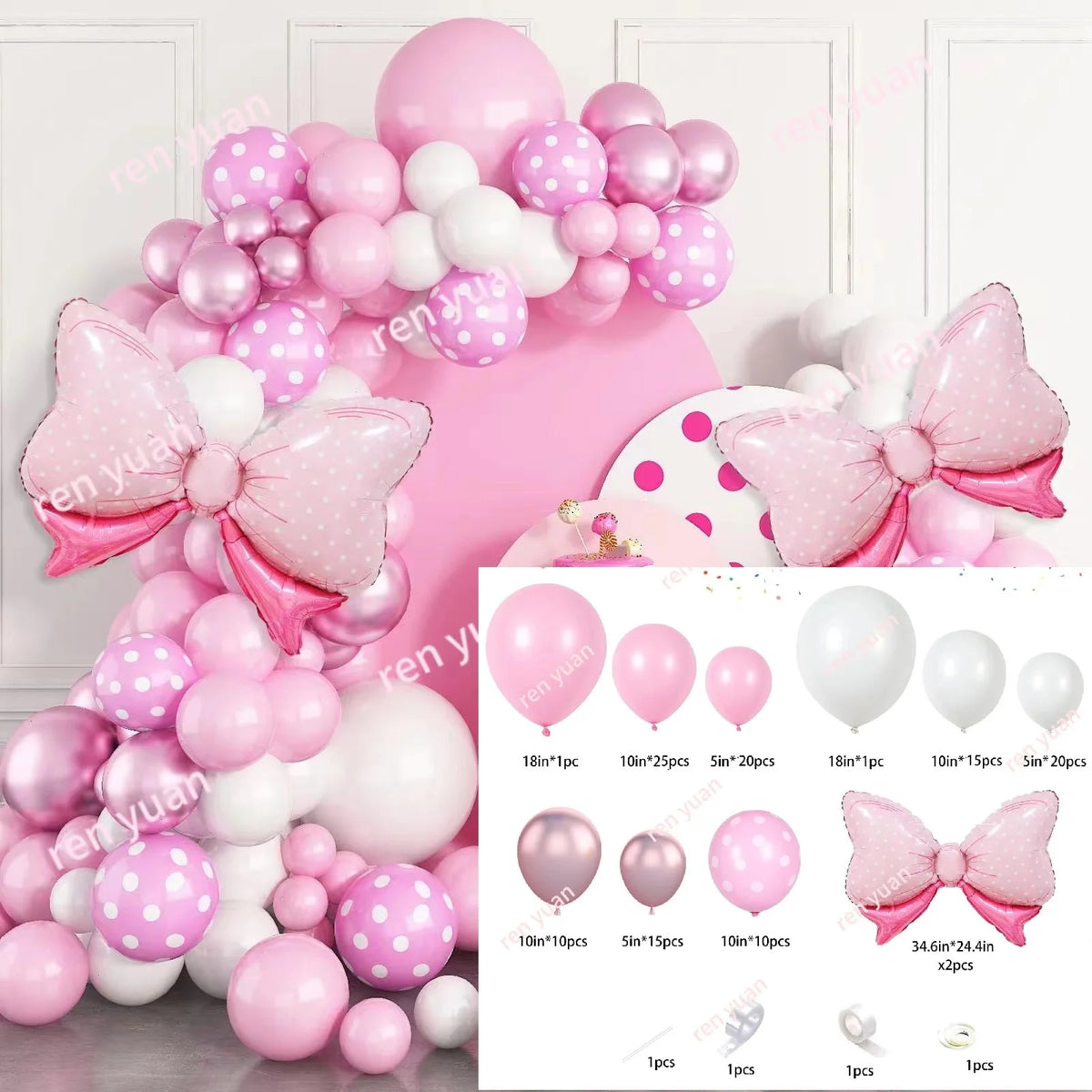 Pink and white balloon wreath archway set featuring various sized balloons and bow shapes for parties