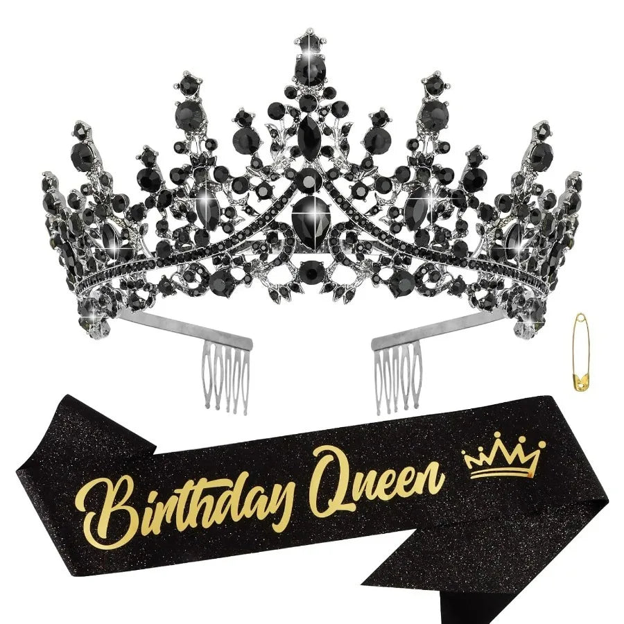 A sparkling rhinestone crown and sash set for a birthday queen