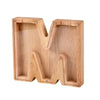 Wooden alphabet letter M piggy bank coin box for kids made of light wood.