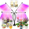 Lampe de culture LED à spectre complet avec bras réglables illuminant diverses plantes d'intérieur et verdure.