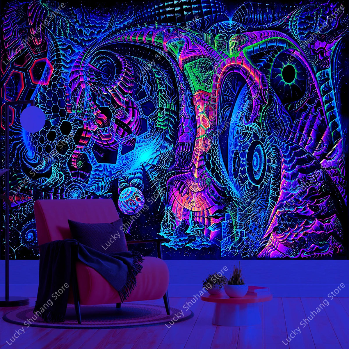 A vibrant psychedelic UV tapestry featuring glowing geometric patterns on a wall, with a chair in the foreground.