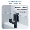 A black 3D shower door towel hook designed to fit 8mm glass, shown mounted on a glass panel.