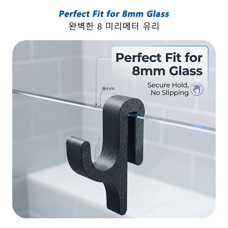 A black 3D shower door towel hook designed to fit 8mm glass, shown mounted on a glass panel.