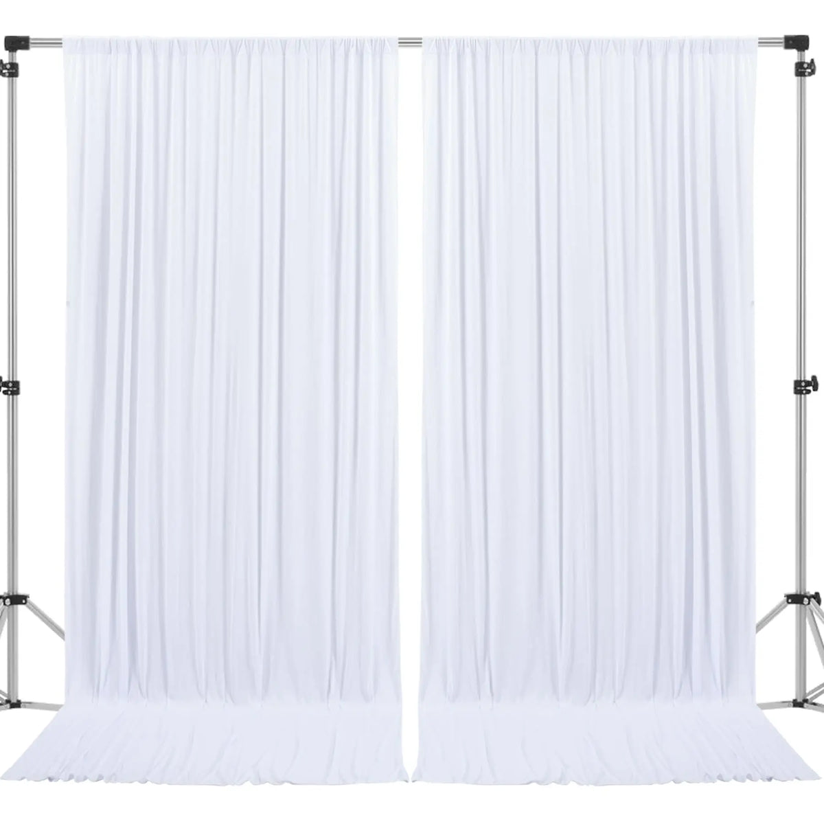 White wrinkle-free satin backdrop curtain hanging between two metal stands for parties and photography