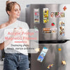 A woman stands next to a stainless steel refrigerator displaying various magnetic acrylic photo frames.
