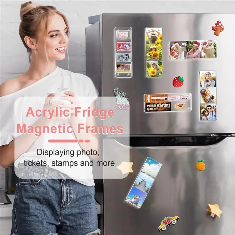 A woman stands next to a stainless steel refrigerator displaying various magnetic acrylic photo frames.