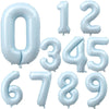 A collection of light blue foil number balloons from zero to nine.