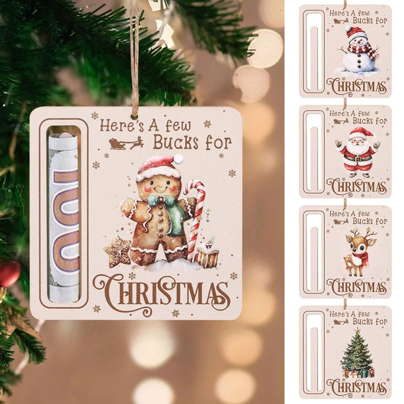 Un ensemble de cartes d'argent en bois décoratives avec des thèmes de Noël comme le Père Noël, les rennes et un sapin de Noël