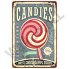 Vintage sign plaque advertising candies, sweets, and desserts with a swirl lollipop design.