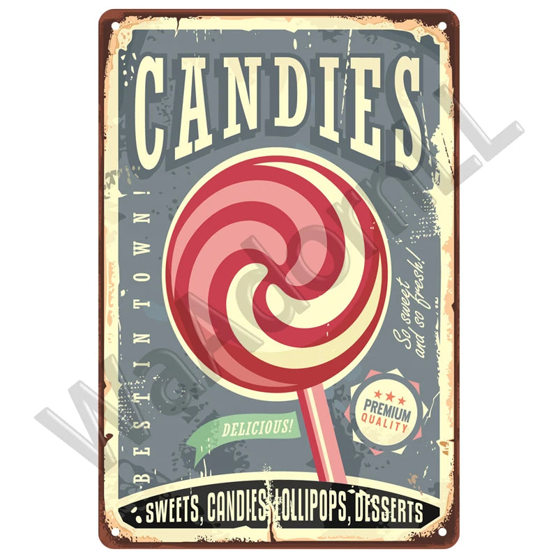 Vintage sign plaque advertising candies, sweets, and desserts with a swirl lollipop design.