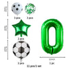 A set of football-themed party balloons including a soccer ball, a star, and the number zero balloon.